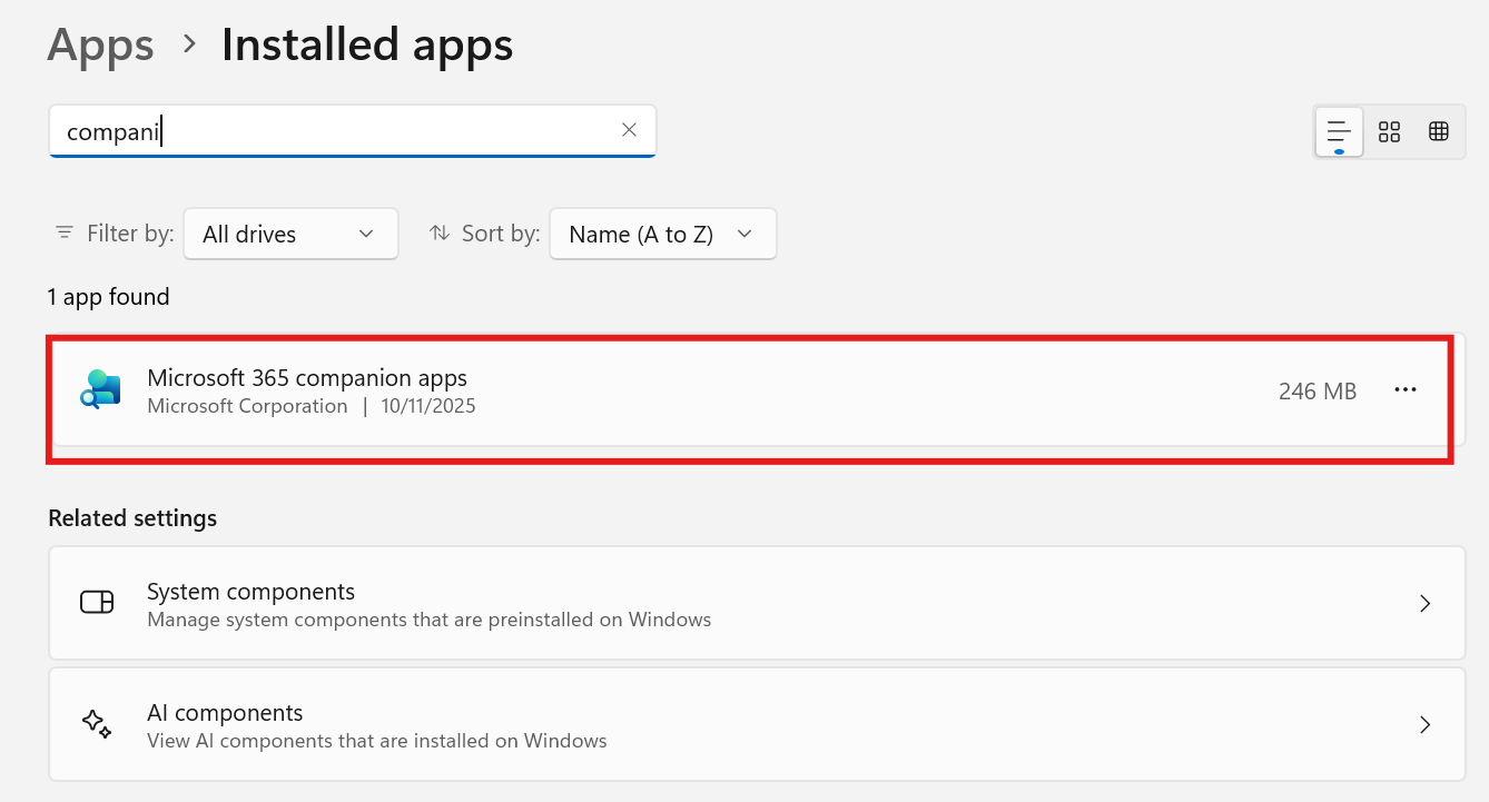 M365 Companion Apps, Apps list