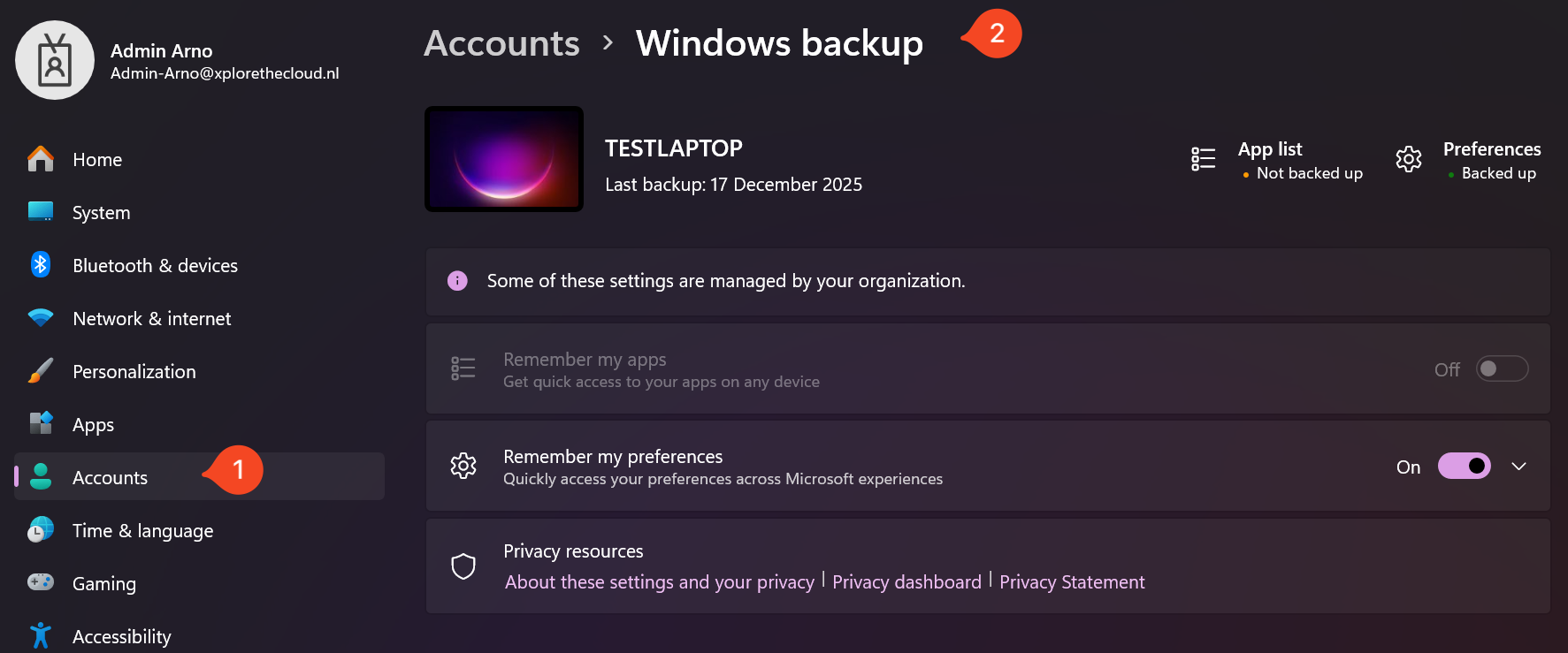 Windows Backup Settings