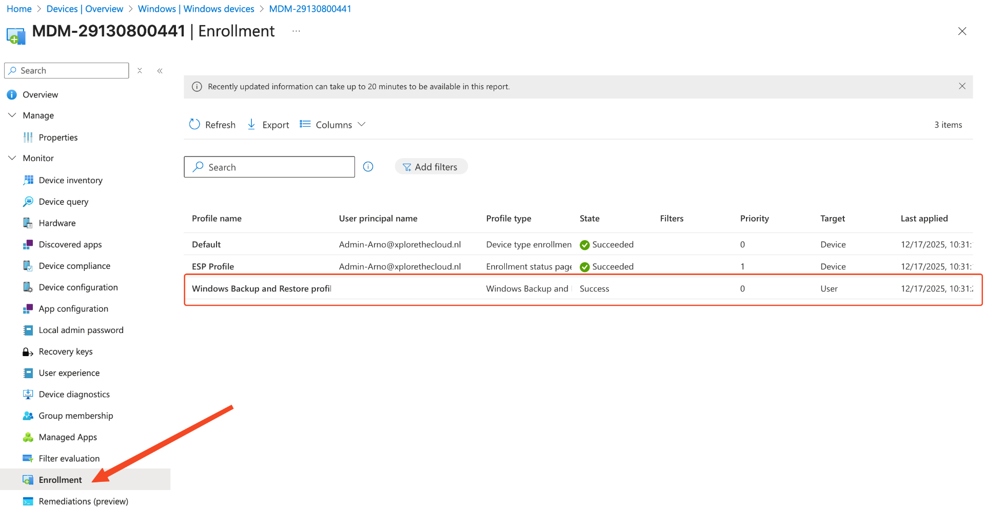 Enrollment state Windows Backup