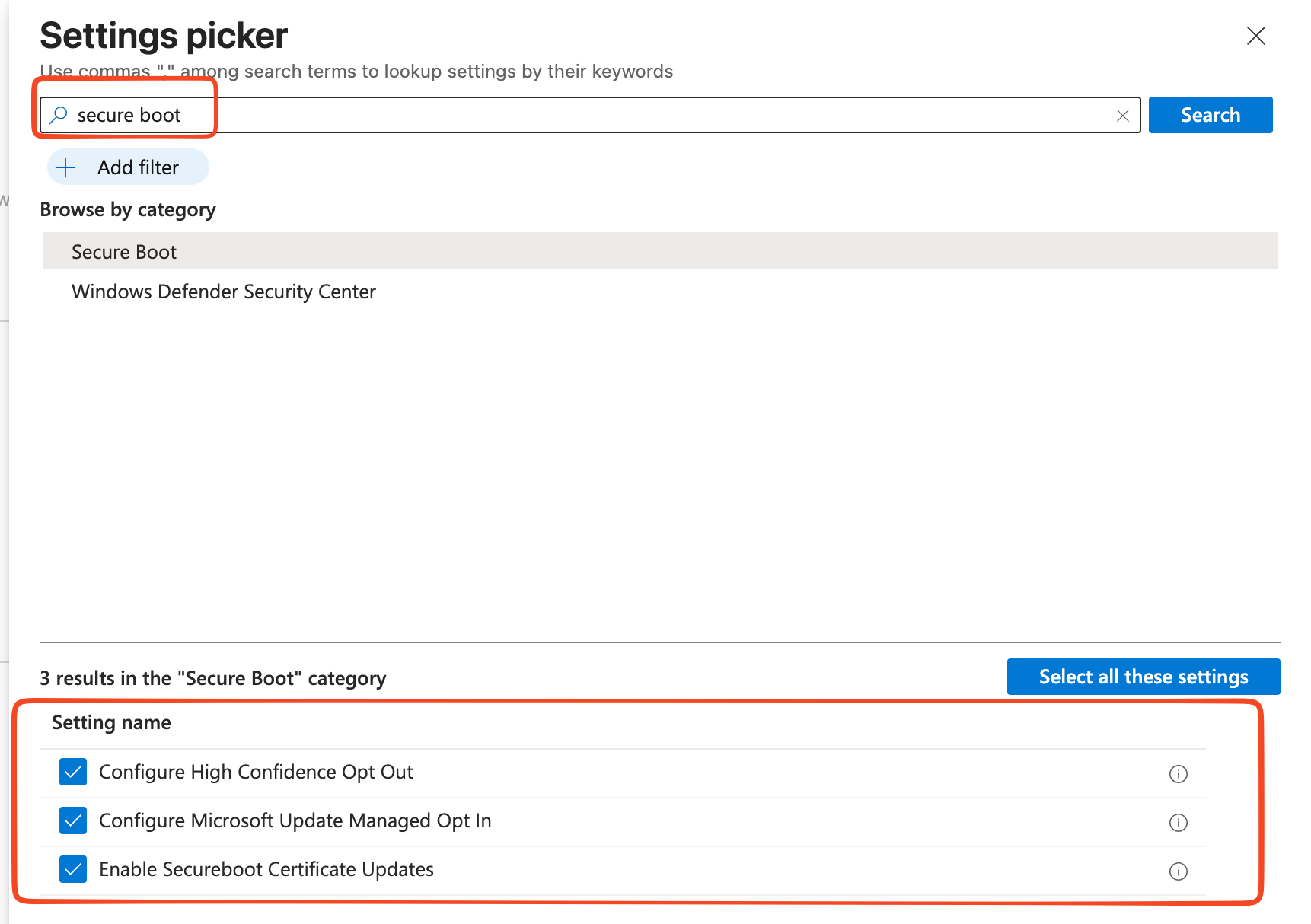 Secure Boot Settings picker