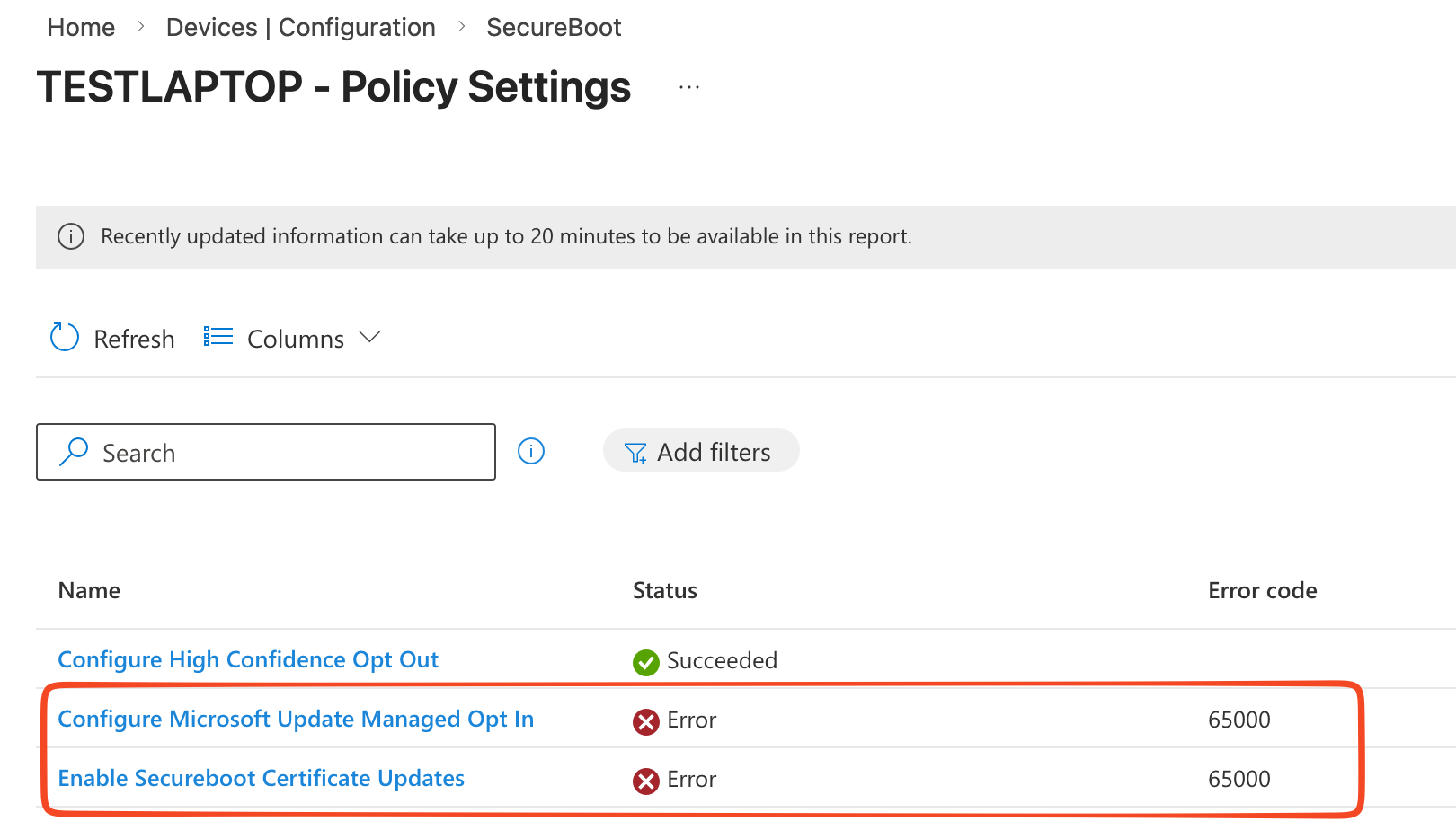 Policy Status; error 65000