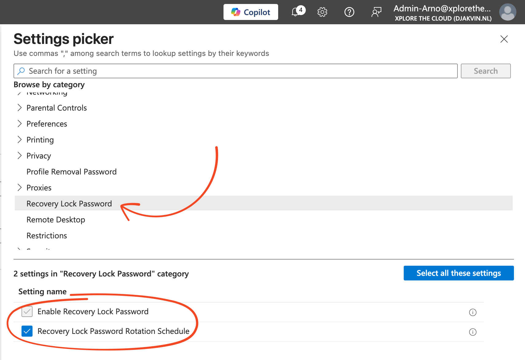 Setting Catalog - Recovery Lock Password